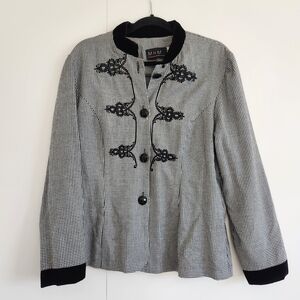 Vintage Houndstooth Jacket Velvet Trim Mandarin Collar Military Style Blazer 16